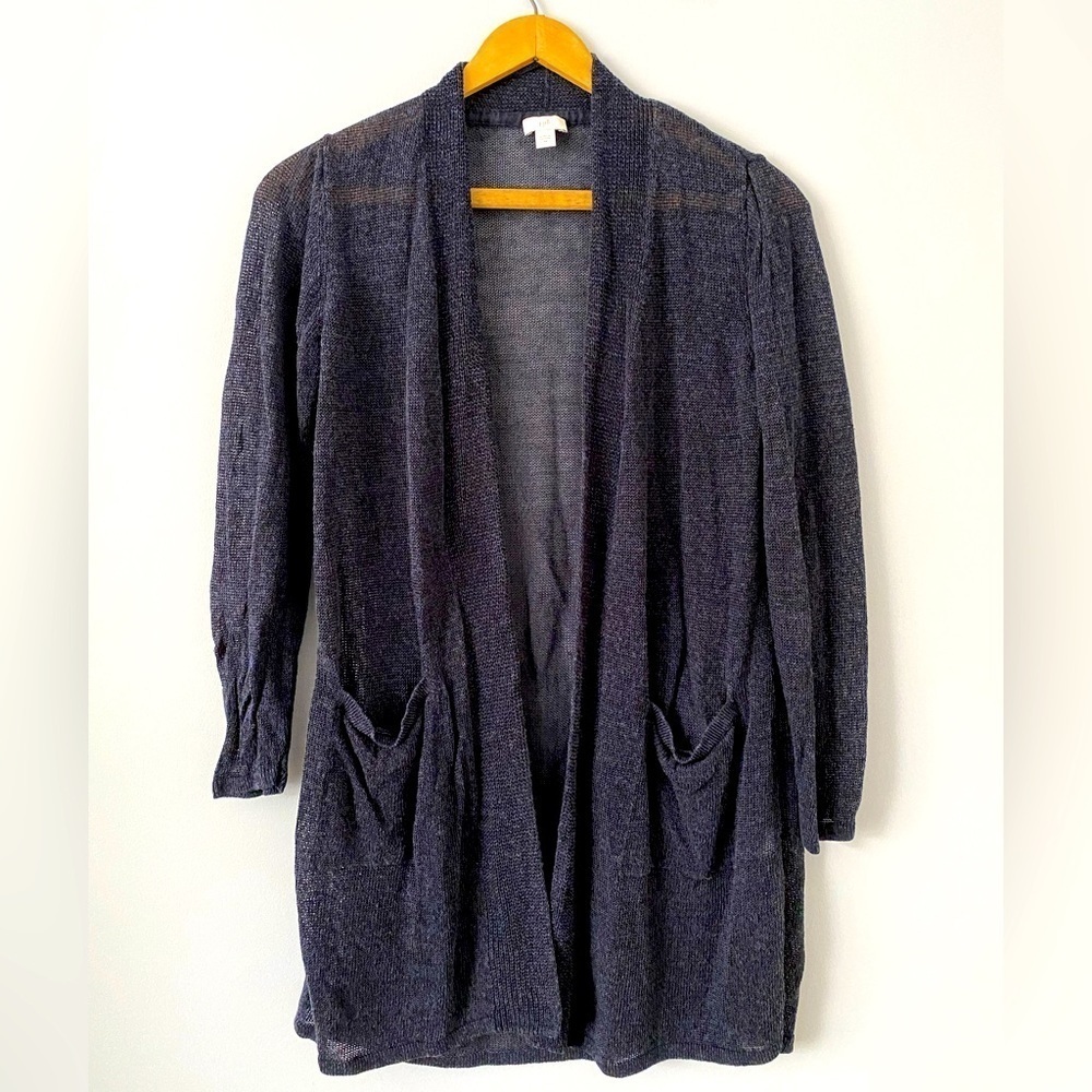 J Jill Long Cardigan Duster Sweater SZ XS Linen Blend Navy Open Front Loose Knit